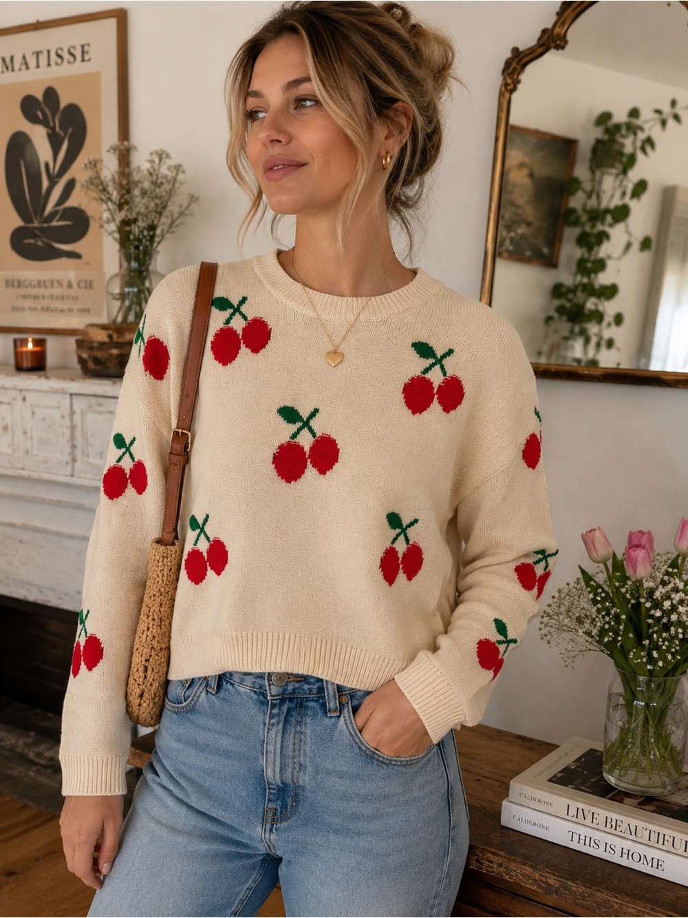 Altar'd State Cream Cherry Pattern Crewneck Sweater